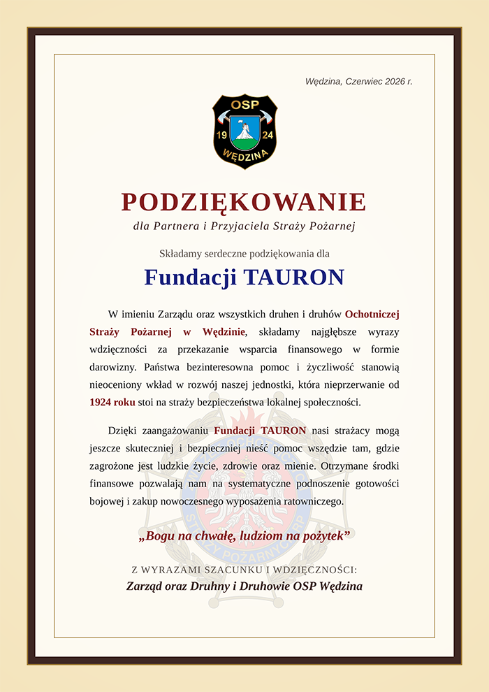 treść podziękowania dla Fundacji TAURON